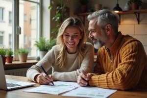 Couple consultant un dossier de crédit sur un ordinateur portable à leur table de cuisine, symbolisant la planification financière d'un projet commun
