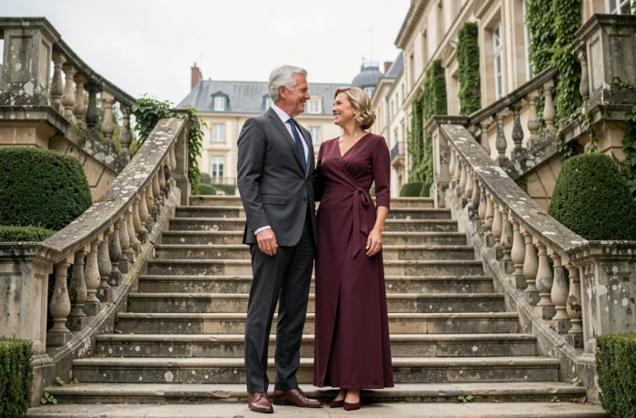 Couple distingué devant un manoir français, homme en costume et femme en robe bordeaux, illustrant une relation élégante et complice