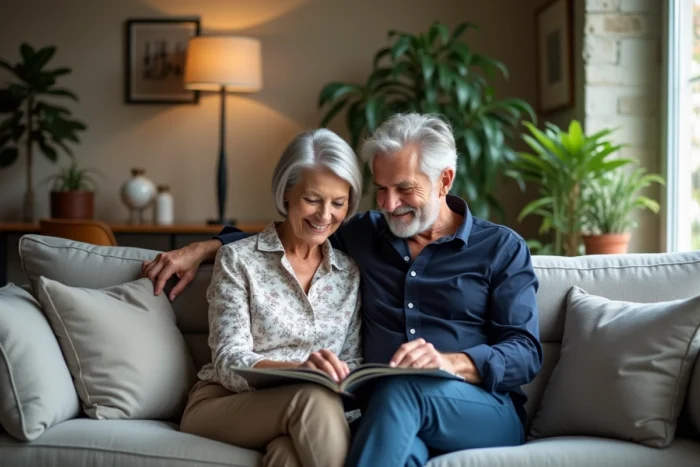 Couple élégant partageant un moment complice dans un appartement français au décor raffiné