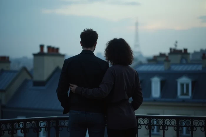 Couple de dos sur un balcon parisien au crépuscule symbolisant l'intimité et les révélations sur Jenifer et Ambroise