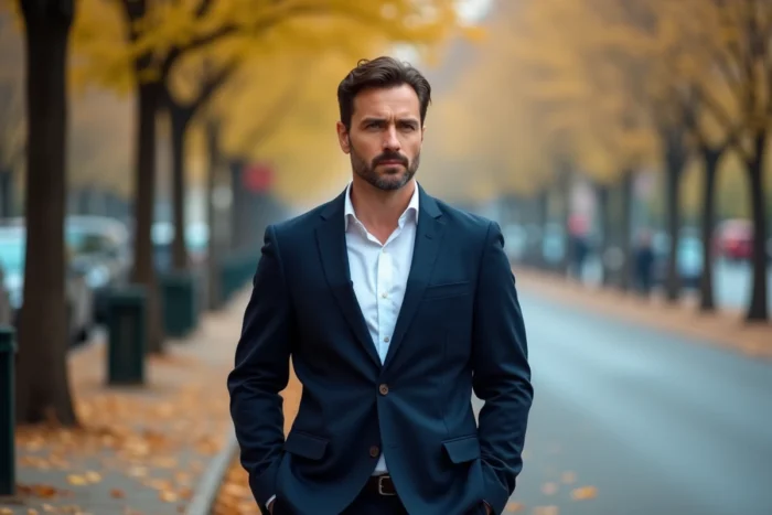 Homme élégant marchant sur un boulevard parisien en automne dans le contexte d'un reportage sur un couple connu