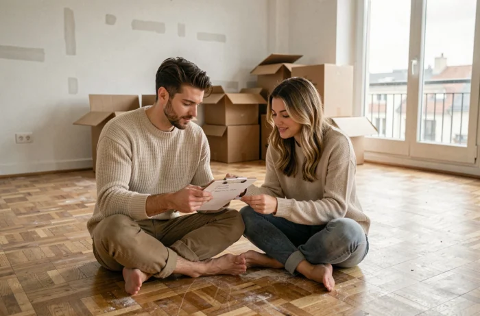 Couple assis sur le parquet d'un appartement vide consultant une liste de contrôle pour leur déménagement