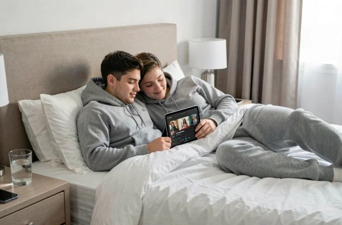 Couple allongé sur un lit regardant une série en streaming sur tablette numérique