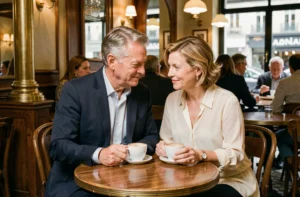 Couple élégant d'une cinquantaine d'années partageant un moment intime dans un café parisien, évoquant une relation complice et durable