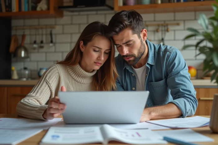 Couple en train d'organiser les démarches administratives pour justifier une absence familiale impérieuse avec documents sur la table