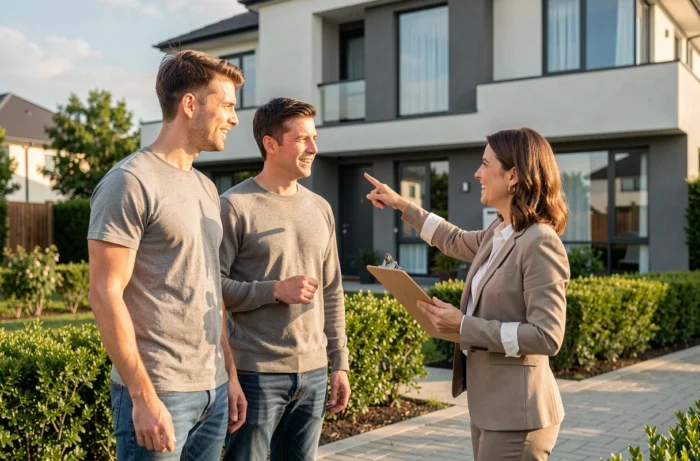 Un jeune couple discutant avec une partenaire immobilière devant une maison résidentielle moderne, évaluant leur futur bien immobilier en extérieur
