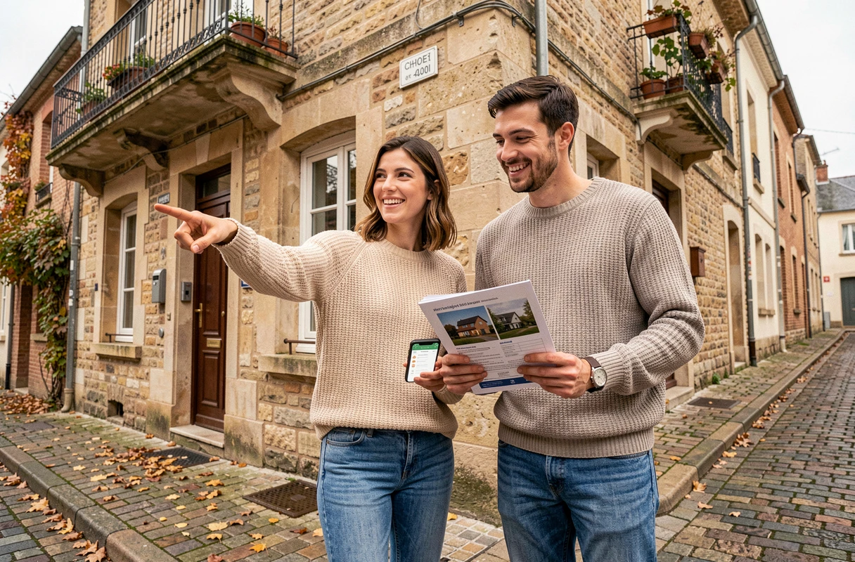 Couple de futurs propriétaires devant un immeuble en pierre à Cholet étudiant leur projet de crédit immobilier