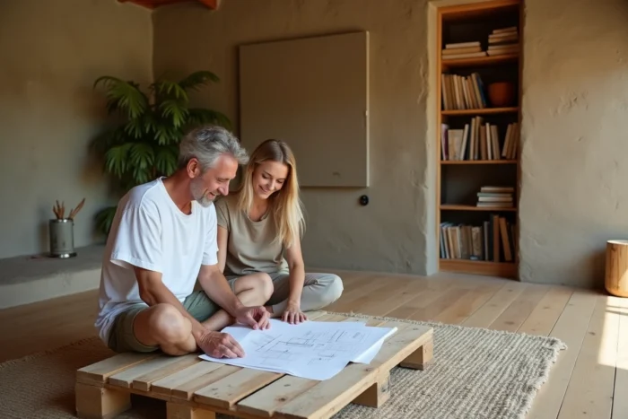 Couple planifiant la rénovation écologique de leur maison avec des matériaux durables et naturels