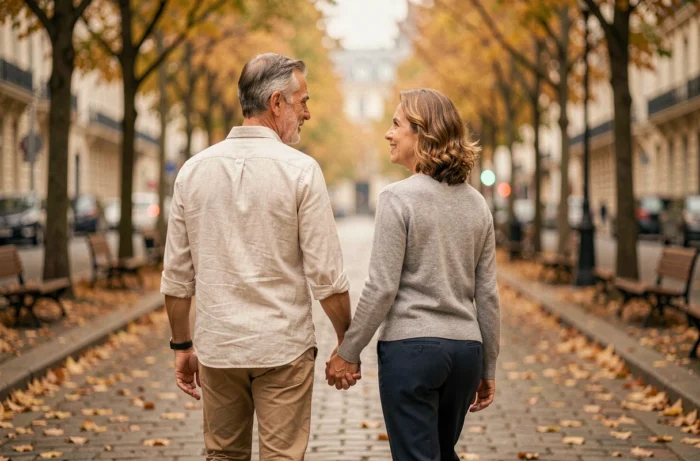 Couple se promenant main dans la main sur un boulevard parisien en automne, feuilles dorées au sol, ambiance intime et naturelle
