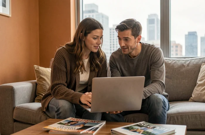 Couple regardant ensemble une plateforme de streaming en ligne sur un ordinateur portable dans leur appartement
