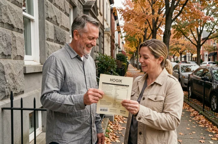 Couple consultant une annonce immobilière devant un immeuble en pierre dans une rue résidentielle calme en automne