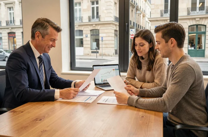 Courtier en crédit immobilier à Cholet conseillant un couple lors d'une réunion professionnelle dans une agence moderne