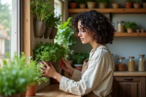 Femme entretenant un potager mural intérieur dans une cuisine éco-responsable avec matériaux naturels et récupérés