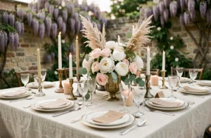 Table de mariage élégante décorée de pivoines blanches, roses blush et bougies piliers dans un jardin de campagne française