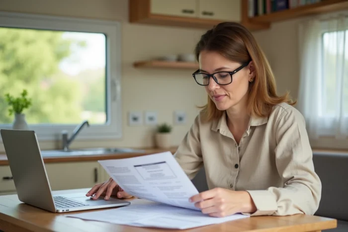 Femme consultant les démarches administratives pour installer un mobil home sur terrain privé