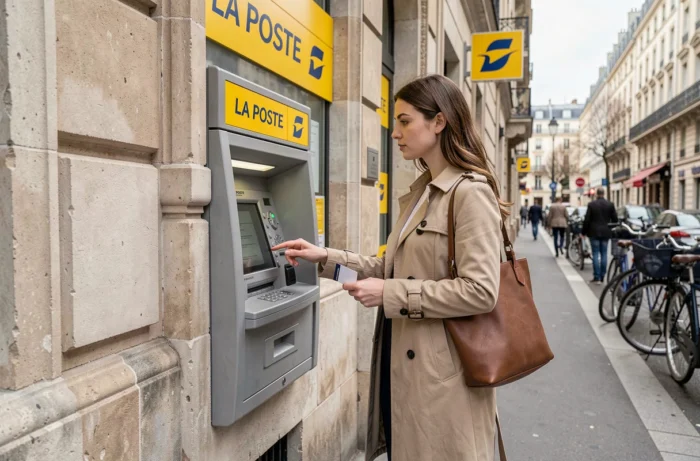 Une femme retirant de l'argent à un distributeur automatique de la Banque Postale en extérieur
