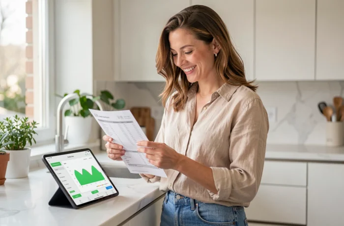 Femme souriante consultant sa facture d'électricité réduite grâce à l'énergie solaire dans une cuisine moderne