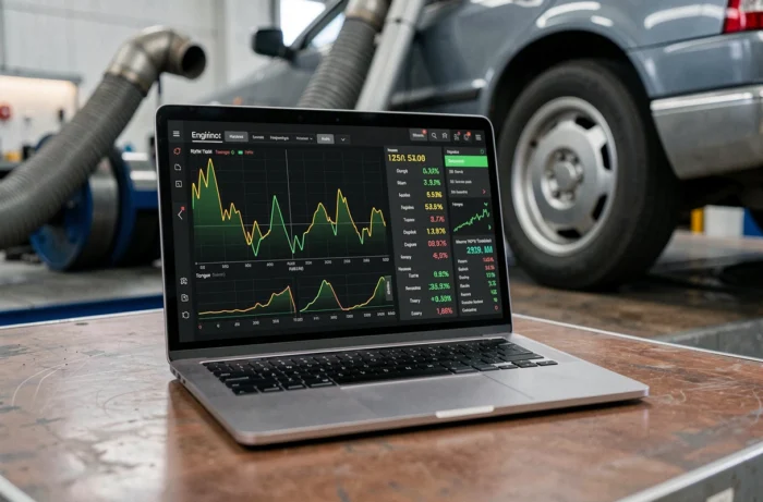 Écran d'ordinateur affichant les courbes de puissance et de couple lors d'un passage au banc moteur en atelier automobile