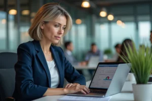 Employée Air France connectée à l'intranet professionnel sur son ordinateur portable au bureau