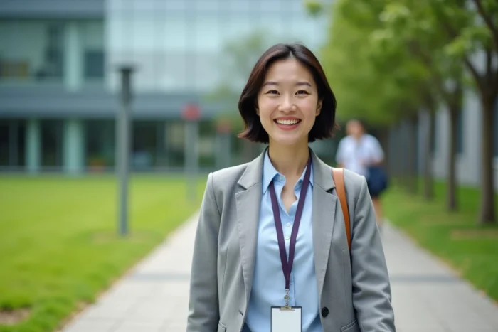 Employée Michelin souriante se promenant sur le campus vert de l'entreprise