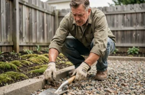 Homme utilisant une pelle plate pour enlever du gravier dans une cour de jardin résidentielle