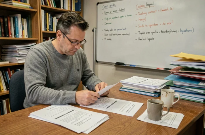 Enseignant masculin étudiant des documents sur les réformes du pacte enseignant dans une salle des professeurs