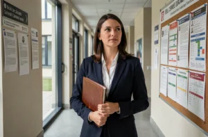 Enseignante tenant un portfolio professionnel devant un tableau d'affichage scolaire illustrant l'évolution du pacte enseignant en 2026