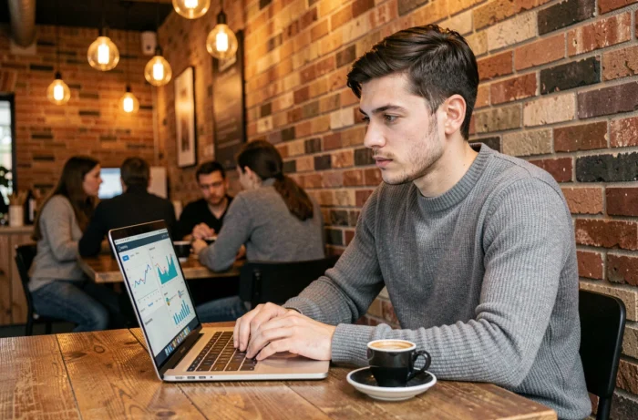 Jeune entrepreneur travaillant sur son ordinateur portable dans un café co-working avec tableau de bord analytique