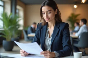 Femme consultant ses documents lors d'un entretien de suivi à Pôle emploi Solerys