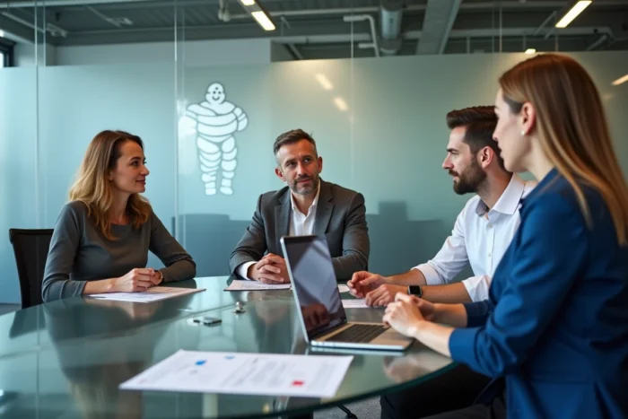 Équipe de collaborateurs Michelin en réunion dans un bureau moderne et collaboratif