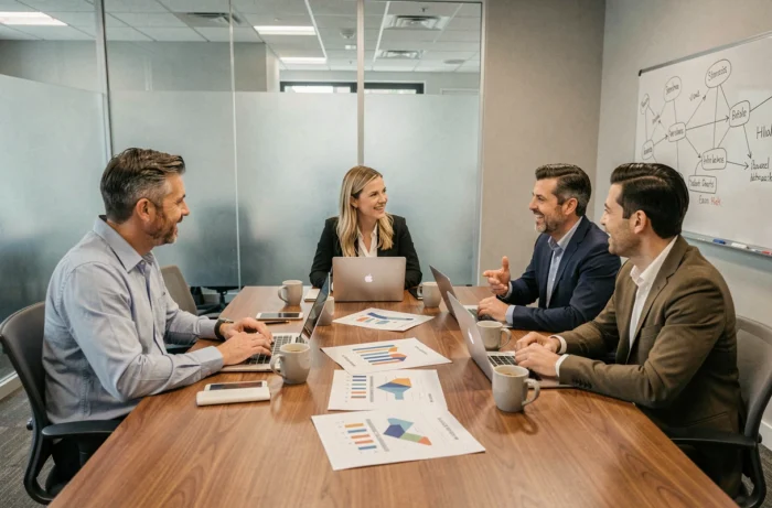 Équipe de professionnels en réunion d'affaires autour d'une table de conférence avec ordinateurs et graphiques