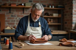 Artisan en atelier cousant à la main un sac en cuir beige, illustrant le savoir-faire artisanal de la fabrication Michael Kors