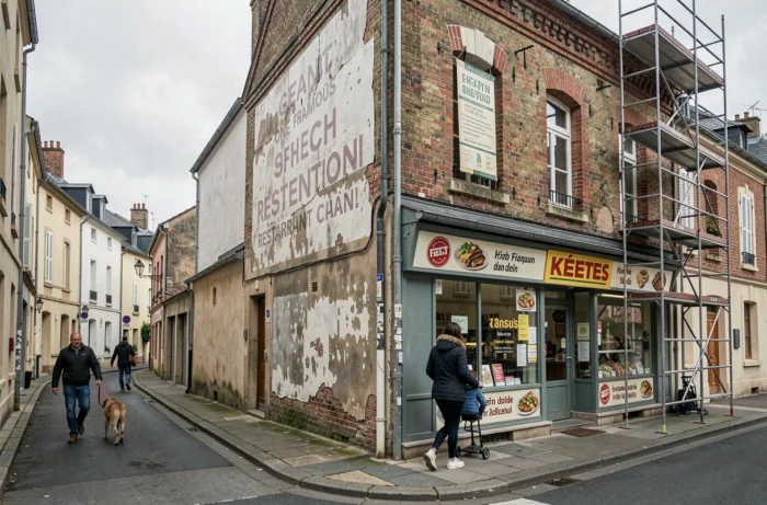 Façade commerciale en ville de province française montrant les traces fantômes d'une ancienne enseigne de restauration sous de nouvelles couches de peinture