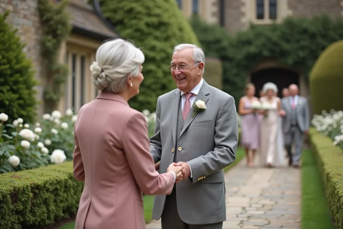 Félicitations aux parents de la mariée dans un jardin de mariage fleuri en plein air