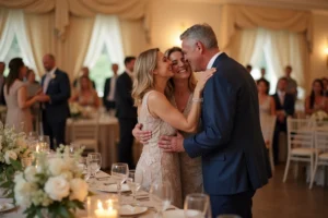 Parents de la mariée recevant les félicitations d'un invité lors d'une réception de mariage élégante