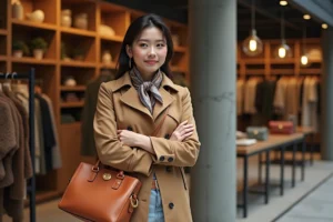 Femme élégante en trench camel ajustant un sac en cuir structuré dans une boutique d'accessoires de mode de saison