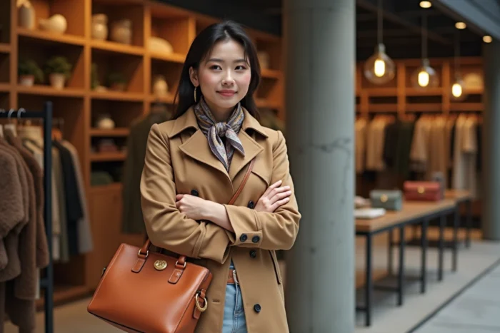 Femme élégante en trench camel ajustant un sac en cuir structuré dans une boutique d'accessoires de mode de saison