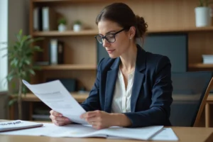 Femme adulte consultant des documents sur les centres de formation continue dans un bureau administratif
