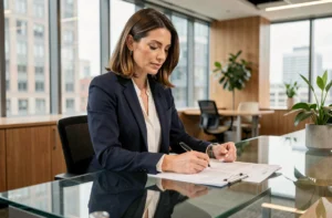 Femme cadre professionnelle en blazer marine consultant des documents dans un bureau moderne avec vue sur la ville