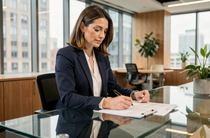 Femme cadre professionnelle en blazer marine consultant des documents dans un bureau moderne avec vue sur la ville