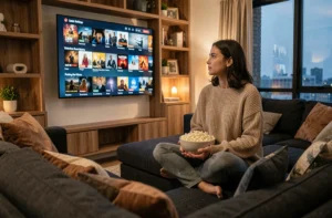Femme installée sur un canapé regardant une plateforme de streaming de séries sur grand écran