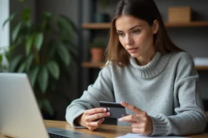 Femme tenant une carte bancaire prépayée entre ses doigts devant un bureau moderne, illustrant l'utilisation d'une carte prépayée au quotidien