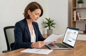 Femme consultant ses documents My People Docs sur ordinateur portable lors d'un changement d'employeur
