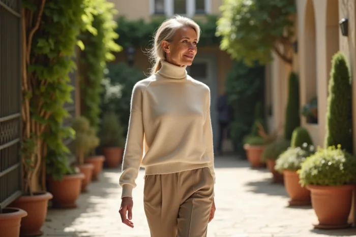Femme élégante dans une cour parisienne fleurie, style vie personnelle animatrice déco