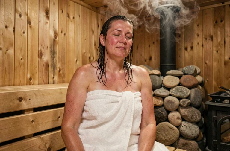 Femme détendue assise dans un sauna finlandais traditionnel en bois, enveloppée dans une serviette blanche, visage apaisé avec vapeur visible