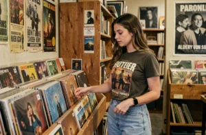 Jeune femme qui feuillette des vinyles dans un magasin de musique indépendant, tendances musicales et culture pop