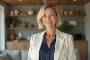 Femme élégante dans un intérieur décoré avec goût, inspirée du style de présentatrice déco télévision