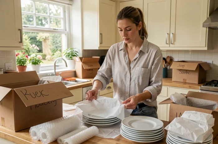 Femme emballant de la vaisselle dans des cartons de déménagement dans une cuisine organisée