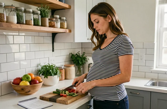 Femme enceinte préparant un repas sain à base de légumes frais dans une cuisine moderne bien organisée