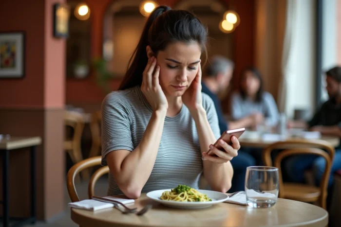 Femme enceinte consultant son téléphone face à une assiette de pâtes au pesto dans un restaurant, s'interrogeant sur les risques alimentaires durant la grossesse